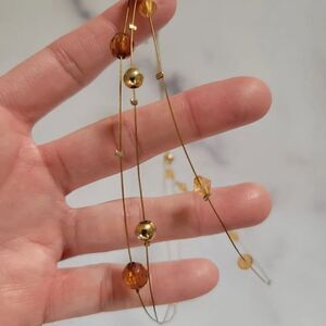 Y2k amber honey beaded triple strand metal necklace high neck dainty